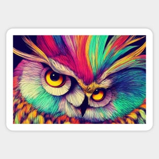 Colorful Abstract Owl Portrait Illustration - Bright Vibrant Colors Bohemian Style Feathers Psychedelic Bird Animal Rainbow Colored Art Sticker